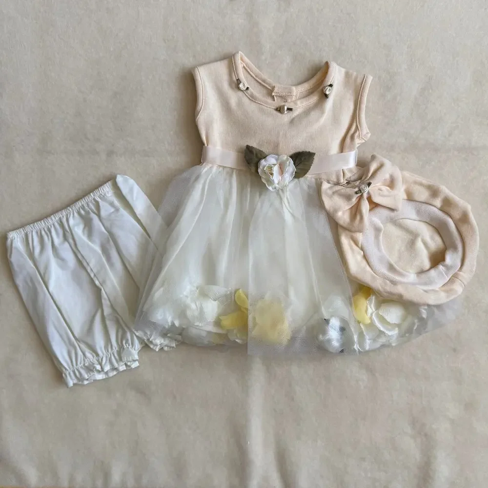 Vintage 90's 3-Piece Bloomers Set Girls 6M Flowers White Cream Orange Bows Hat